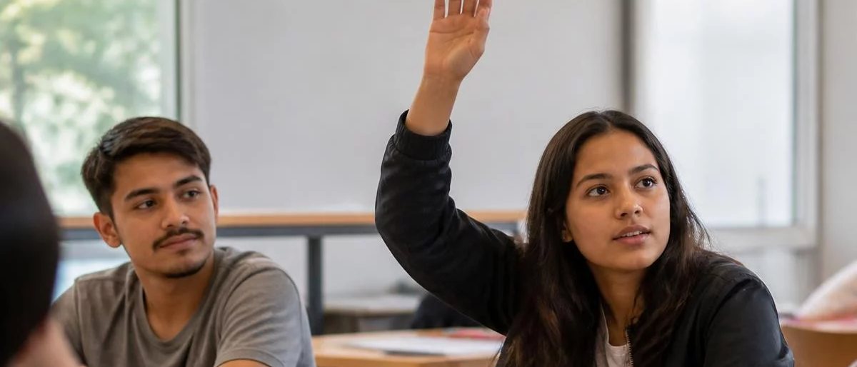 Participante com a mão erguida pedindo a vez, à mesa coberta de folhas escritas
