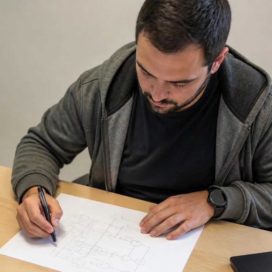 Duas pessoas relendo num tablet as notas da rodada anterior, apoiadas na mesa de madeira
