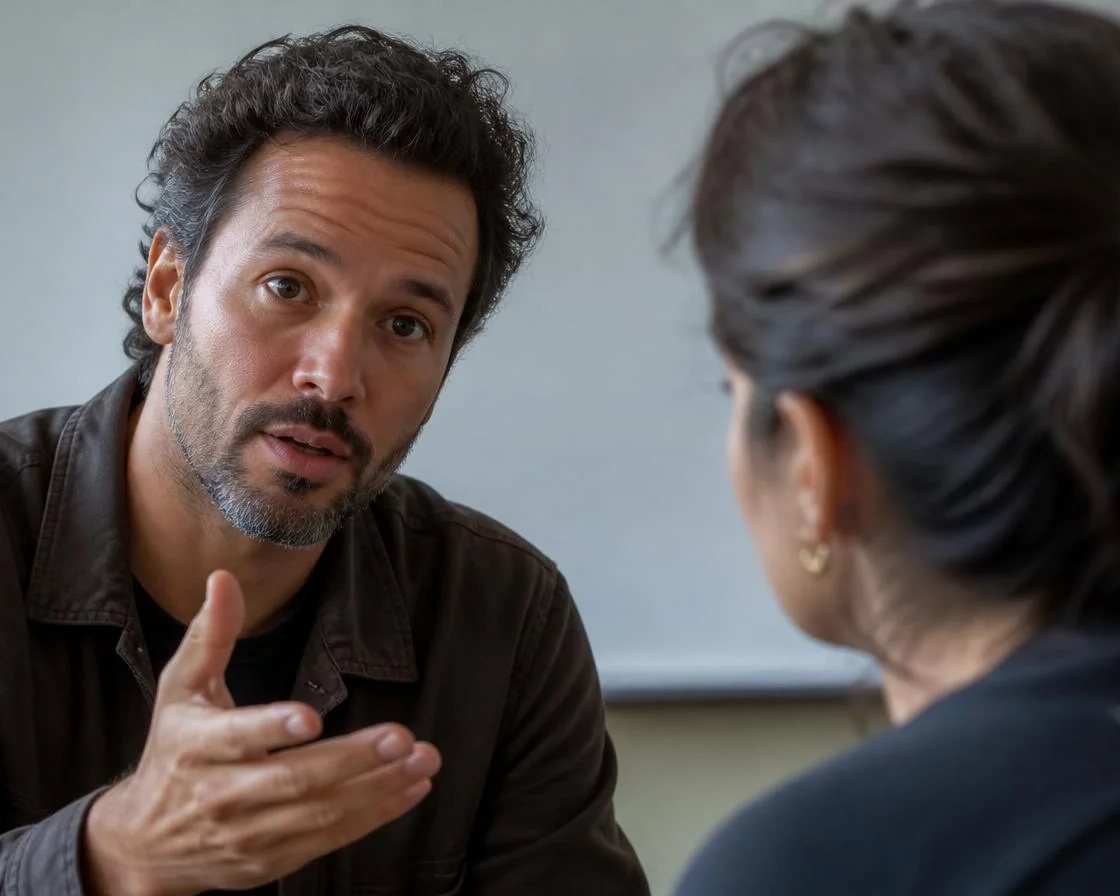 Pessoa em pé diante da turma sustentando um argumento com as anotações na mão